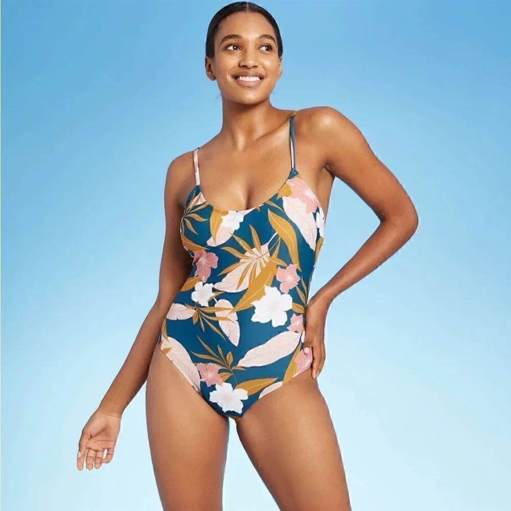 Kona Sol Over Shoulder One Piece Swimsuit Botanical Lagoon Print
